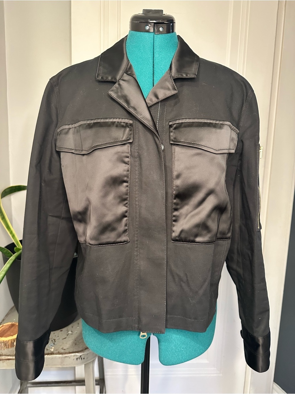 CAbi Black Utility Jacket with Satin Pocket Accents
